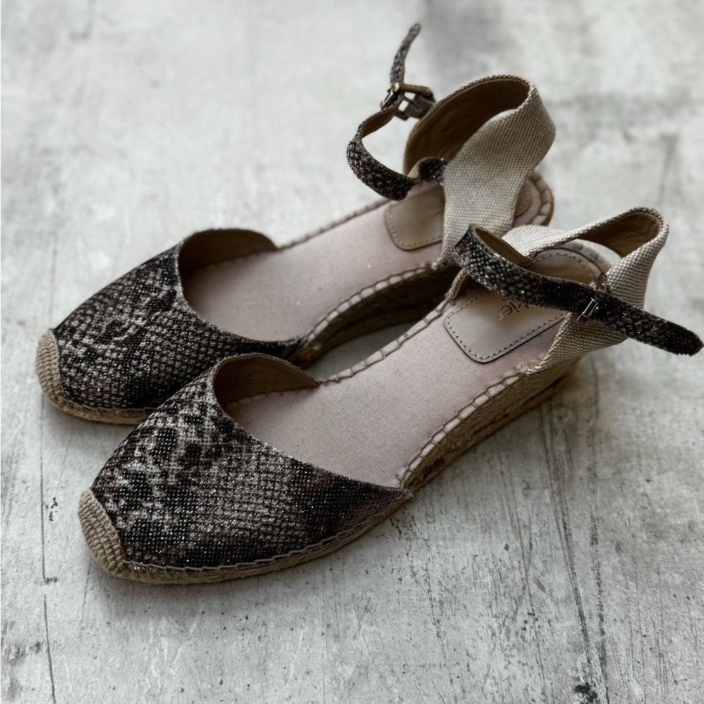 Botkier Brown Snake-Print Woven Espadrille Ankle-Strap Flats - Picture 2 of 4